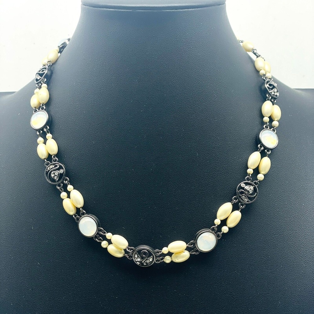 Vintage Beaded Necklace Gunmetal Faux Pearl Multi Strand Statement